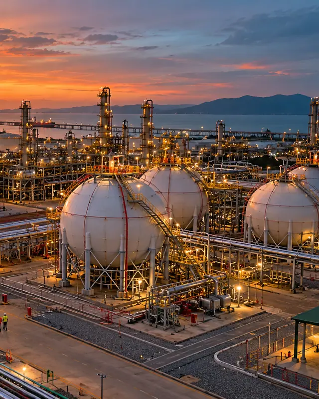 Sphères de stockage et tuyauteries d’une installation industrielle au coucher du soleil