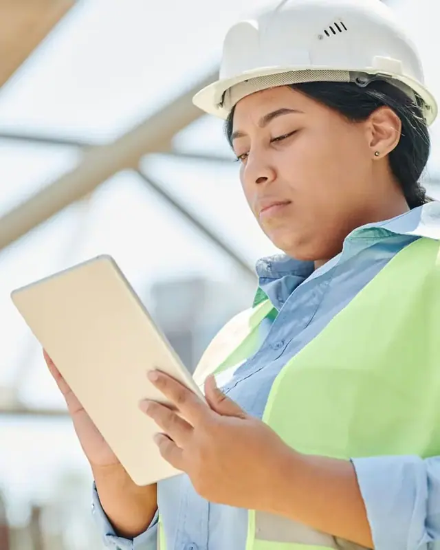 Inspectrice HSE en gilet haute visibilité consultant une tablette sur un site industriel