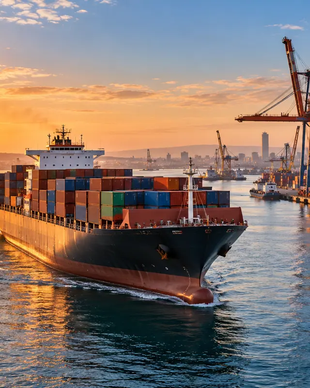 Navire porte-conteneurs entrant dans un port au coucher du soleil : l’Afrique et l’Europe reliées par la mer