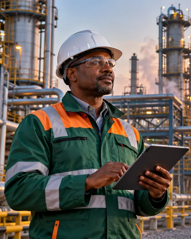 Ingénieur HSE avec une tablette devant une unité de procédé au lever du jour