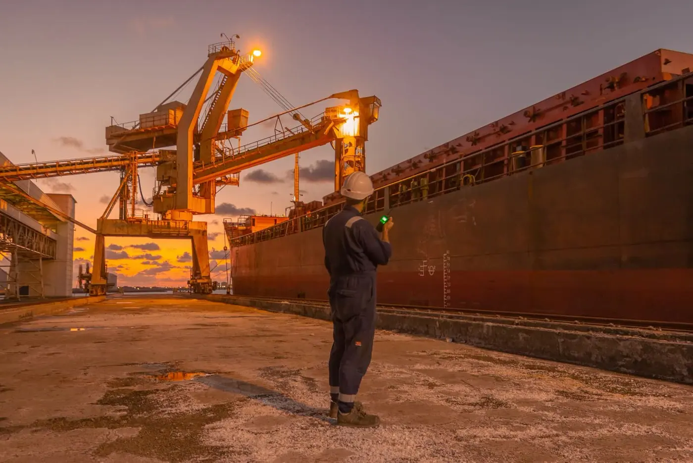 Portique de déchargement d’un navire au crépuscule, site industriel à risque